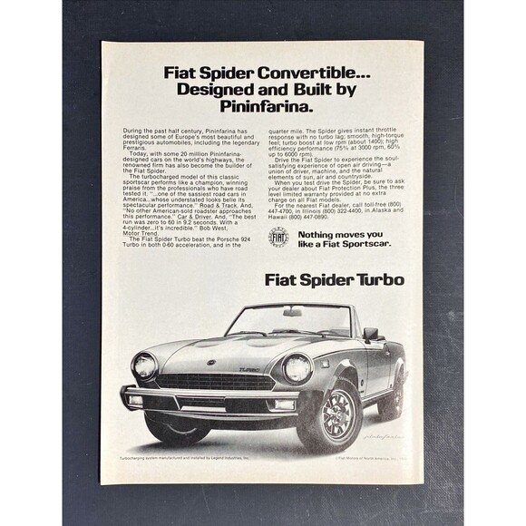Fiat Spider Turbo Convertible "Designed & Built by Pininfarina" Print Ad 1982 - Picture 3 of 3